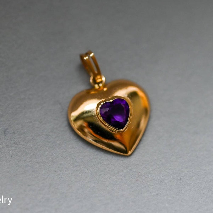 Amethysts Puffed Heart Vintage Charm Pendant 14K Yellow Gold