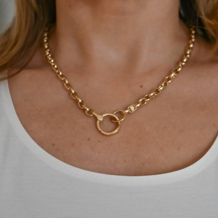 14K Yellow Gold Oval Rolo Chain Charm Necklace