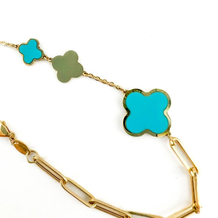 14K Yellow Gold Half Paperclip Haft Turquoise Clover Charm Bracelet