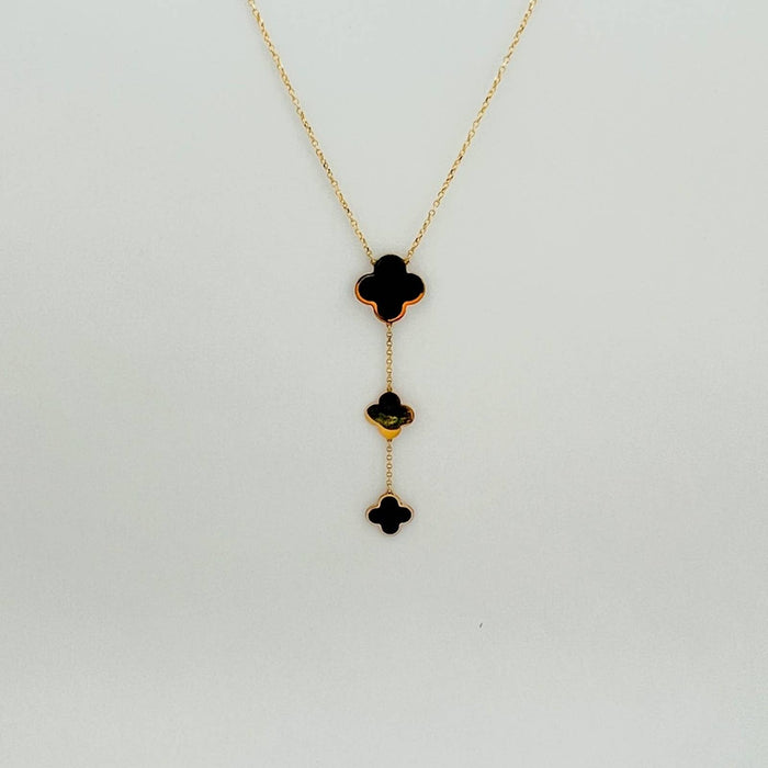 14K Yellow Gold Onyx Clover Lariat Necklace