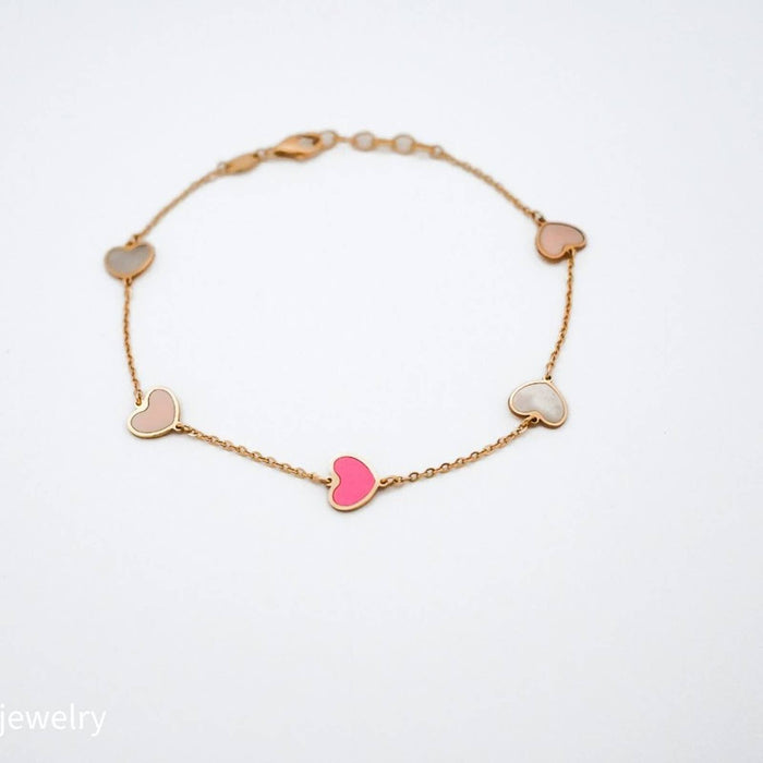 Pink Heart Station Bracelet 14k Yellow Gold