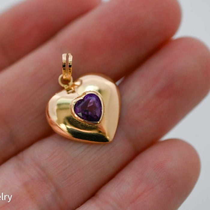 Amethysts Puffed Heart Vintage Charm Pendant 14K Yellow Gold