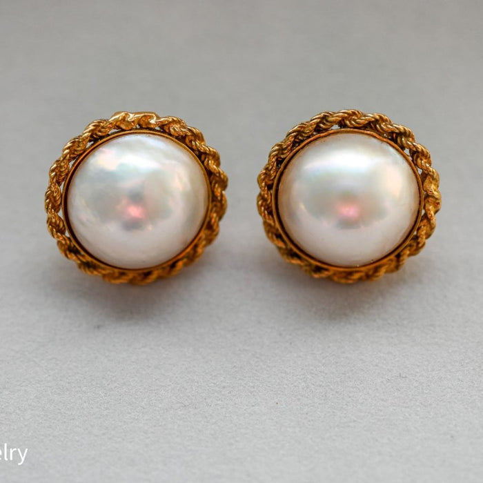 Vintage Pearl Button Earrings 14K Yellow Gold