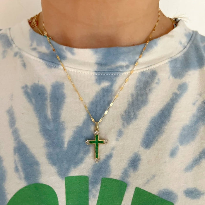 Emerald and Diamond Cross Pendant 10K Yellow Gold