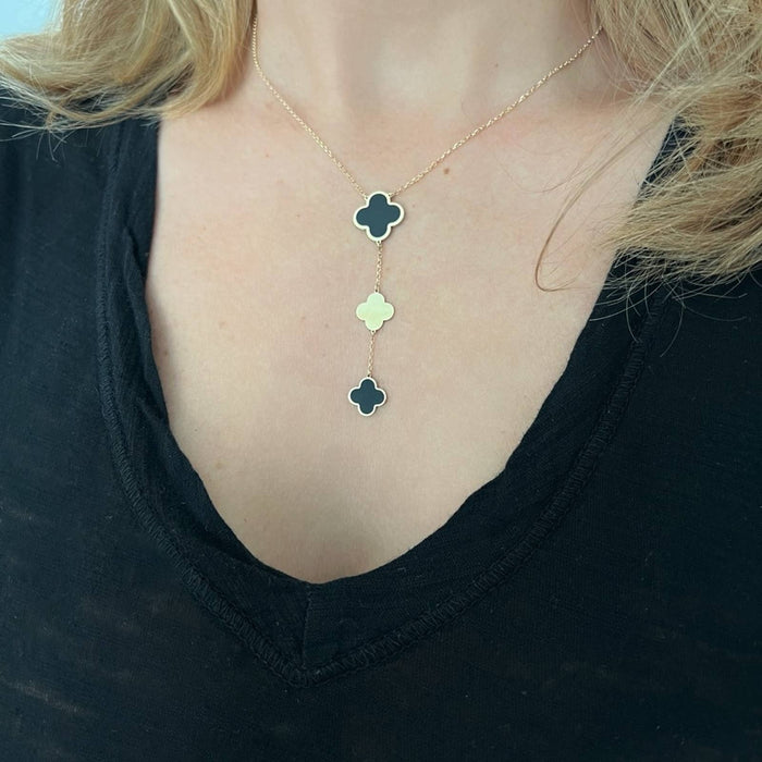 14K Yellow Gold Onyx Clover Lariat Necklace