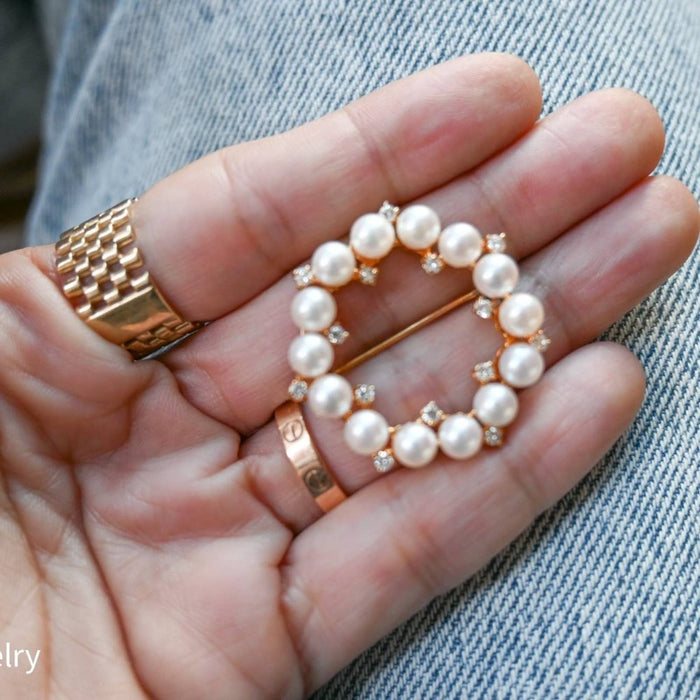 Victorian 14K Yellow Gold Culture Pearl and Diamond Circle Pin Brooch