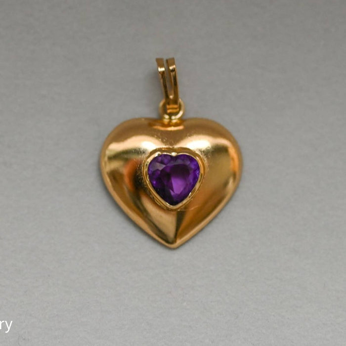 Amethysts Puffed Heart Vintage Charm Pendant 14K Yellow Gold