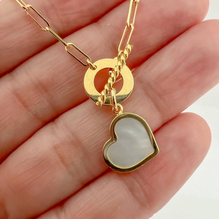 Mother Of Pearl Heart Charm 14K Yellow Gold Paperclip Toggle Clasp Necklace