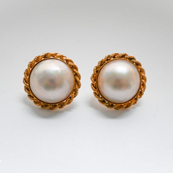 Vintage Pearl Button Earrings 14K Yellow Gold