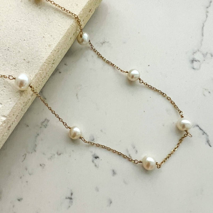 14K Yellow Gold Pearl Station Necklace