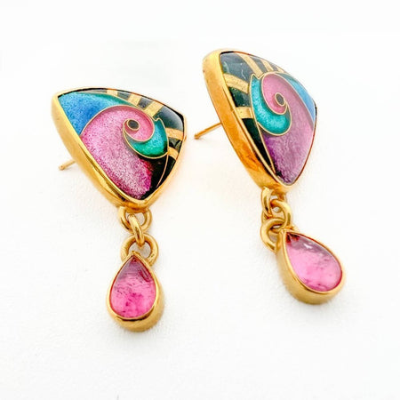 Ricky Frank Vintage Gold and Enamel and Tourmaline Earrings 18k Yellow Gold