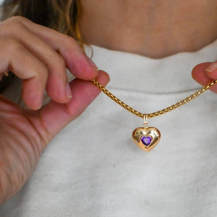 Amethysts Puffed Heart Vintage Charm Pendant 14K Yellow Gold