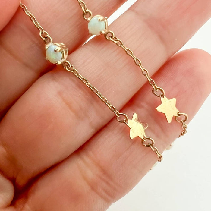 Star and Opal Station Chocker Necklace 14K Yellow Gold