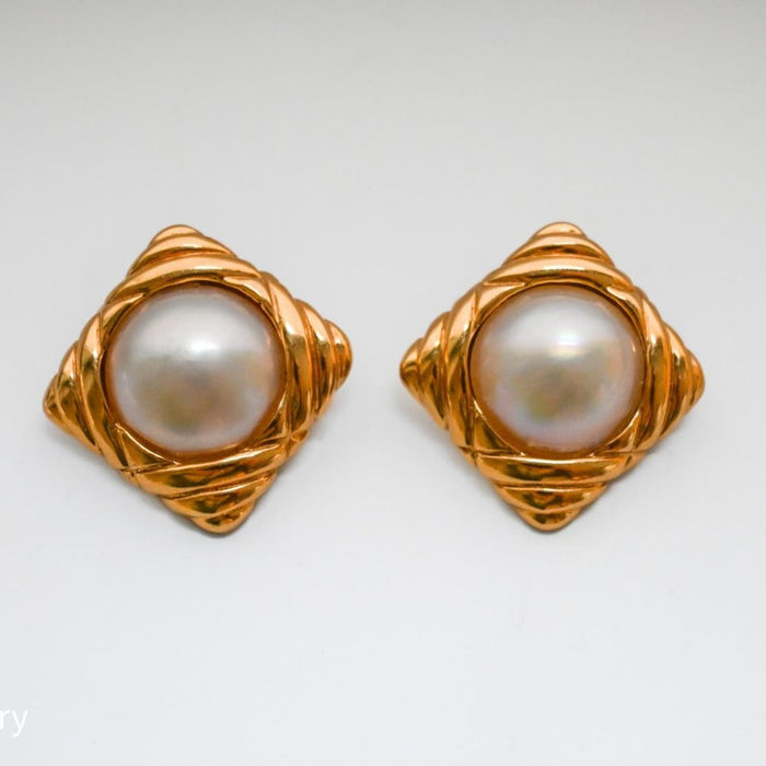 Vintage Clip On Pearl State Earrings 14K Yellow Gold