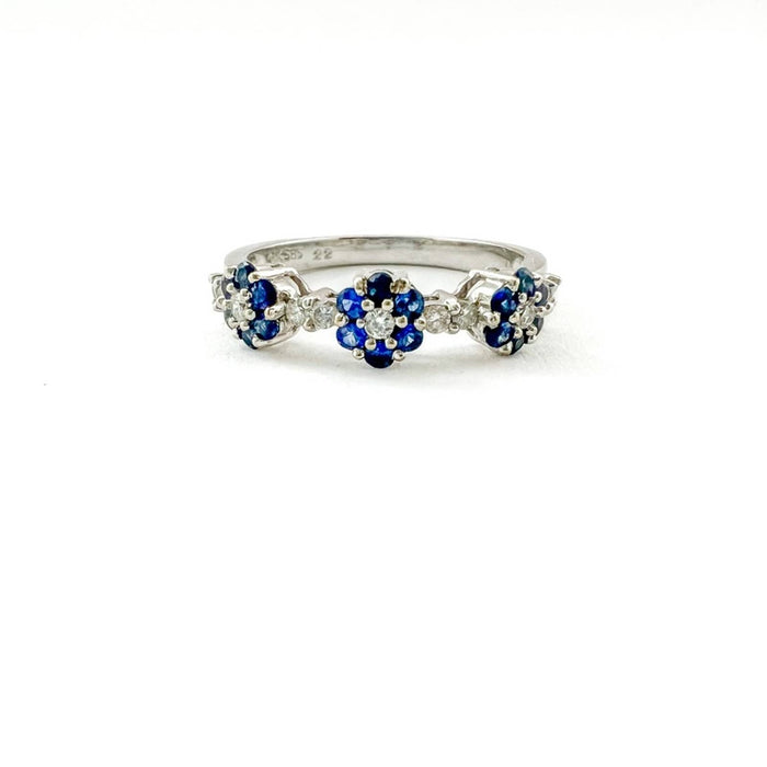 14K White Gold Sapphire and Diamond Flower Anniversary  Band Ring