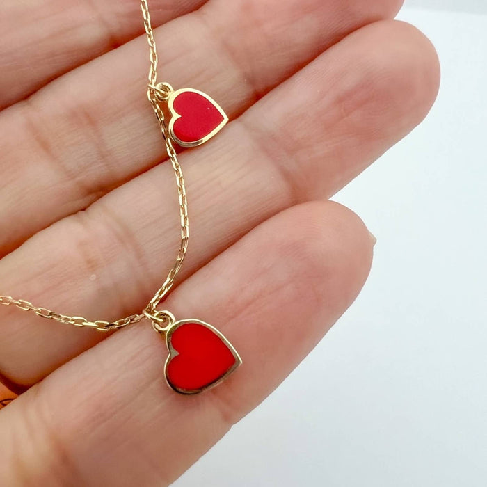 14K Yellow Gold Red Hearts Dangle Bracelet