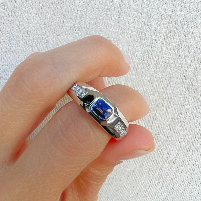 Emerald Cut Sapphire and Diamond Band Ring 14K White Gold