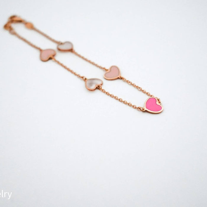 Pink Heart Station Bracelet 14k Yellow Gold