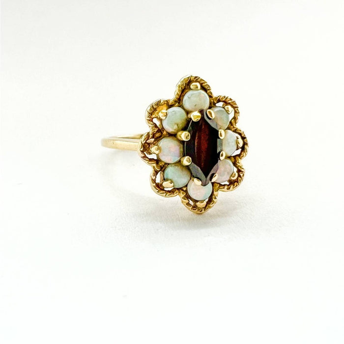 14K Yellow Gold Garnet and Opal Cluster Vintage Ring