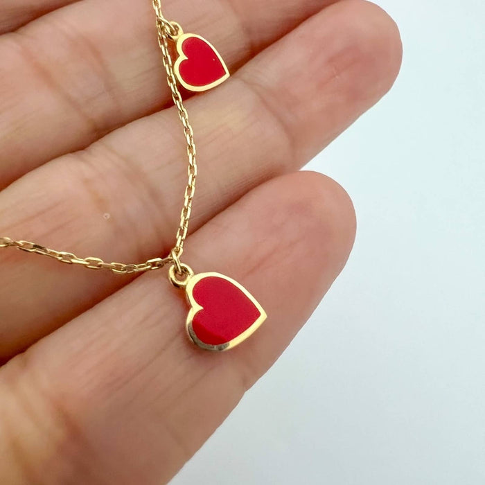 14K Yellow Gold Red Hearts Dangle Bracelet