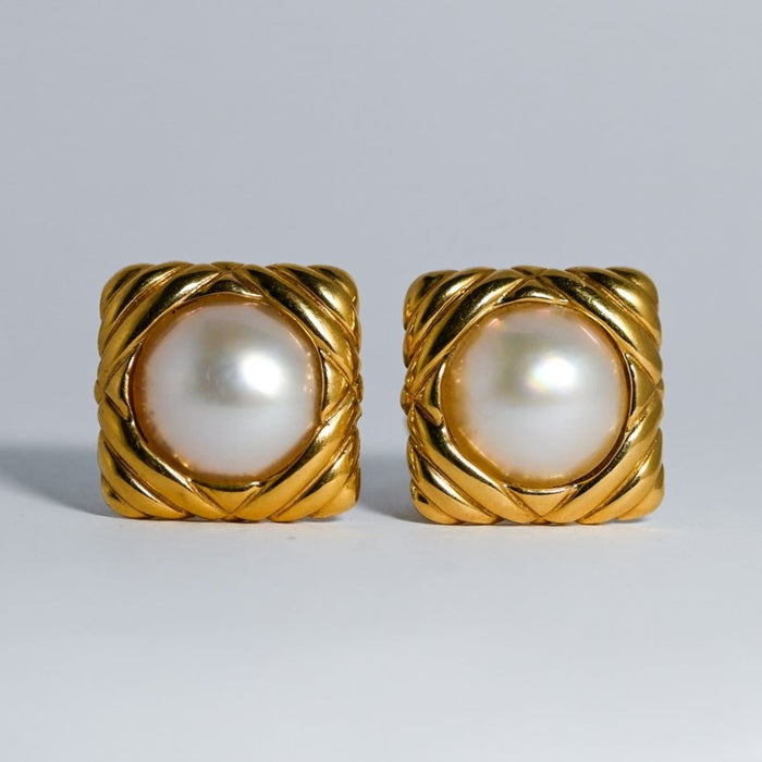 Vintage Clip On Pearl State Earrings 14K Yellow Gold