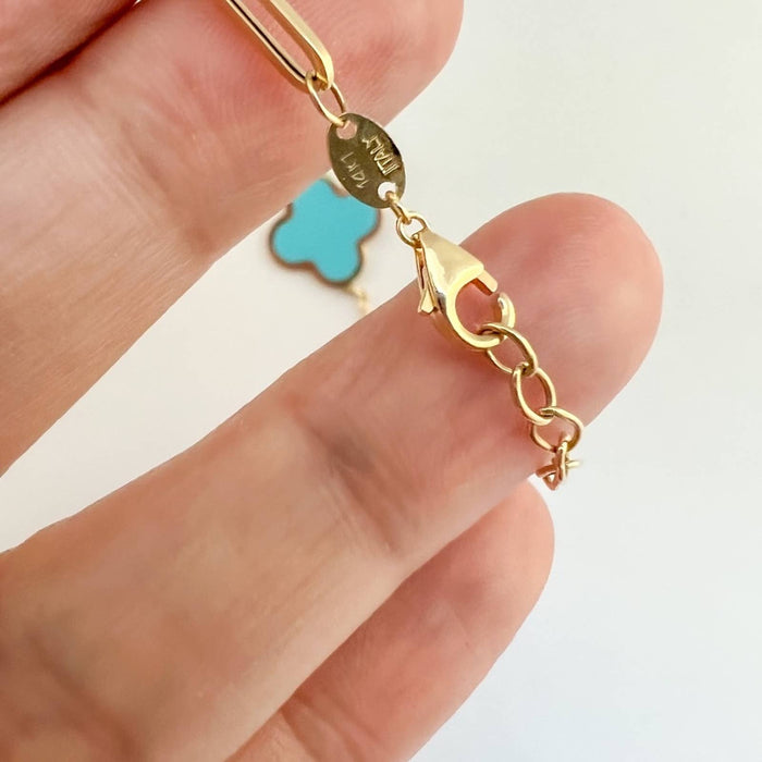 14K Yellow Gold Half Paperclip Haft Turquoise Clover Charm Bracelet