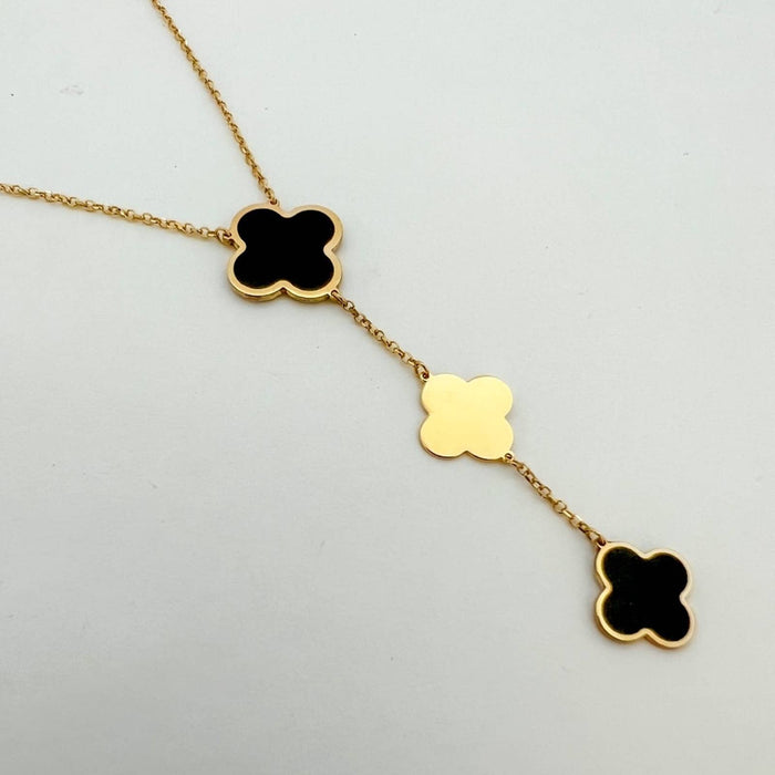 14K Yellow Gold Onyx Clover Lariat Necklace