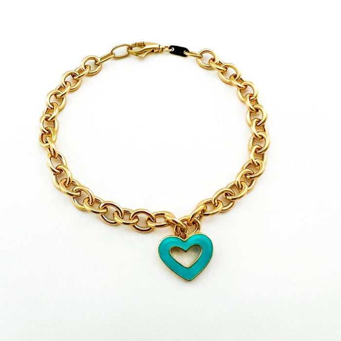 Rolo Link Bracelet with Enamel Heart Charm 14K Yellow