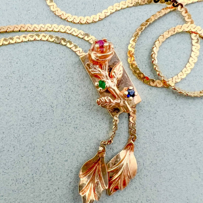 Vintage Lariat Ruby Rose Tassels 30" Long Necklace 14K Yellow Gold