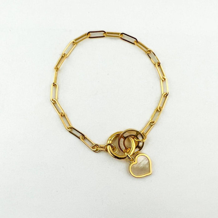 14K Yellow Gold Paperclip Link Bracelet With Mother Of Pearl Heart