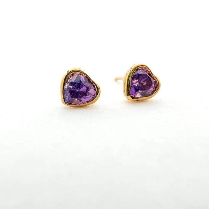 Purple Topaz Heart Stud Earrings 14K Yellow Gold