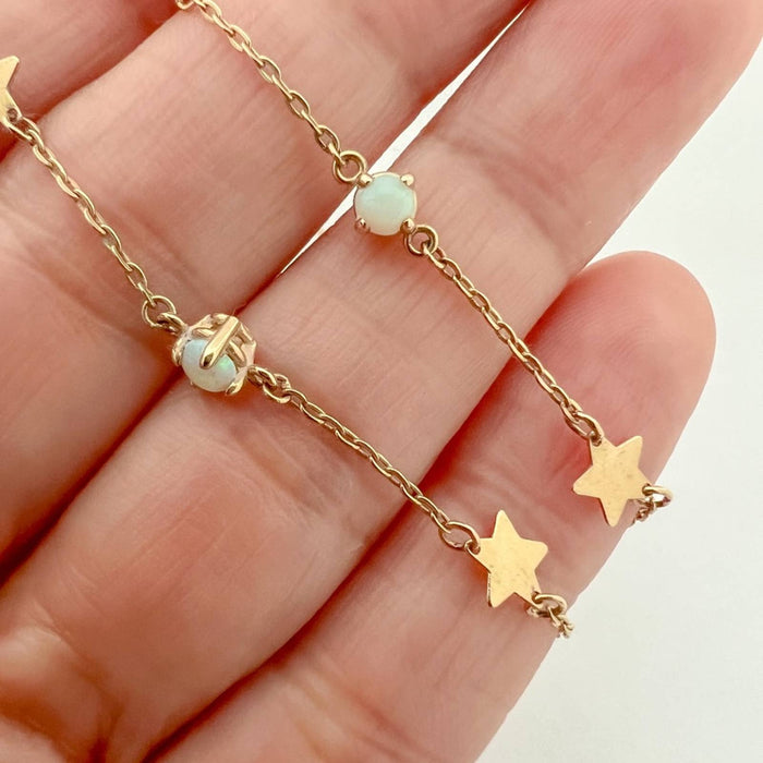 Star and Opal Station Chocker Necklace 14K Yellow Gold