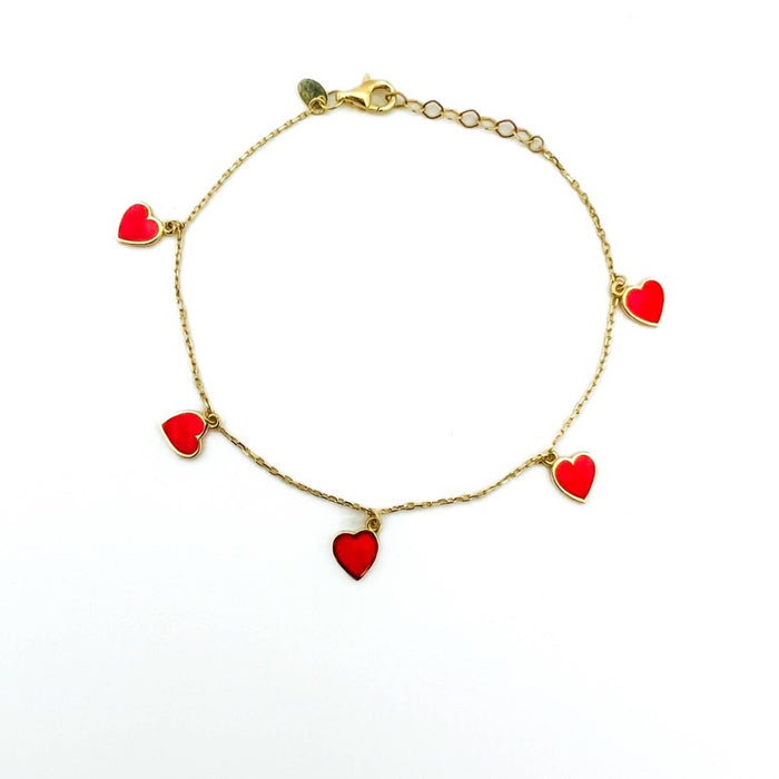 14K Yellow Gold Red Hearts Dangle Bracelet