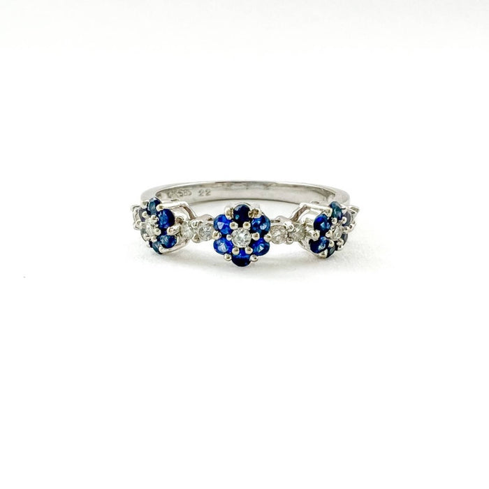 14K White Gold Sapphire and Diamond Flower Anniversary  Band Ring