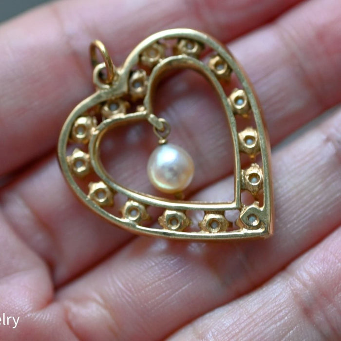 Antique  Pearl Heart Shape Pendant 14K Yellow Gold