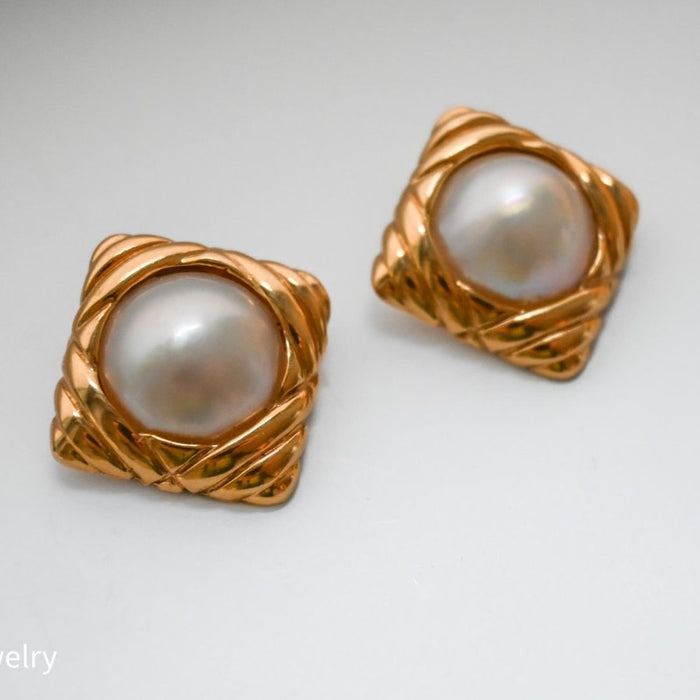 Vintage Clip On Pearl State Earrings 14K Yellow Gold