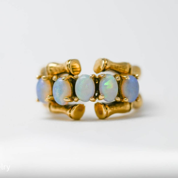 14K Yellow Gold Opal Bamboo Vintage Ring