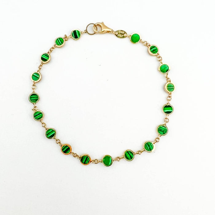 14K Yellow Gold Inlay Malachite Disc Bracelet