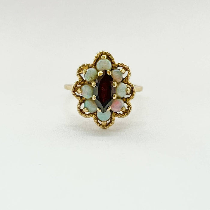 14K Yellow Gold Garnet and Opal Cluster Vintage Ring