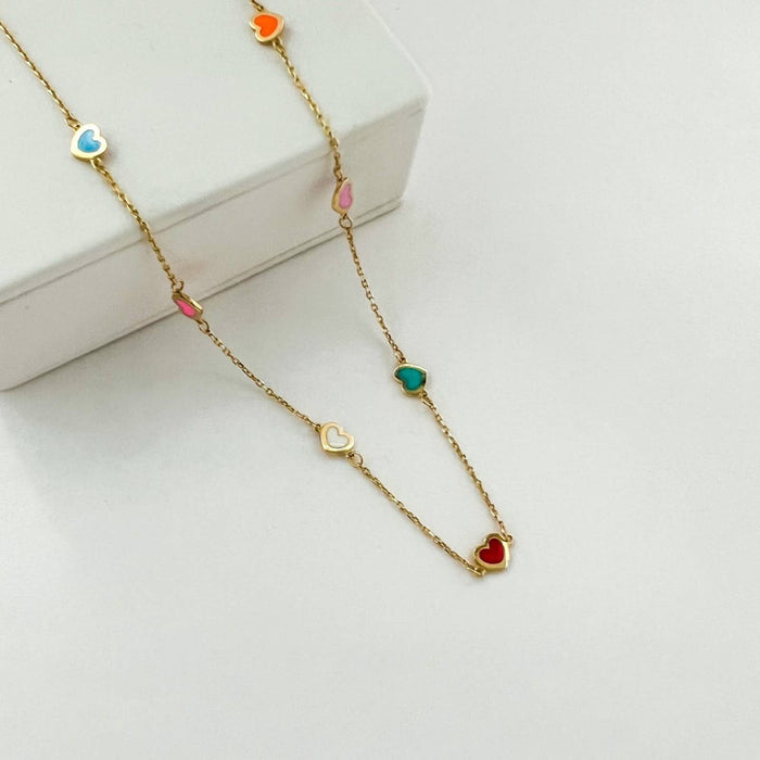 14K Yellow Gold Bright Enamel Heart Station Necklace