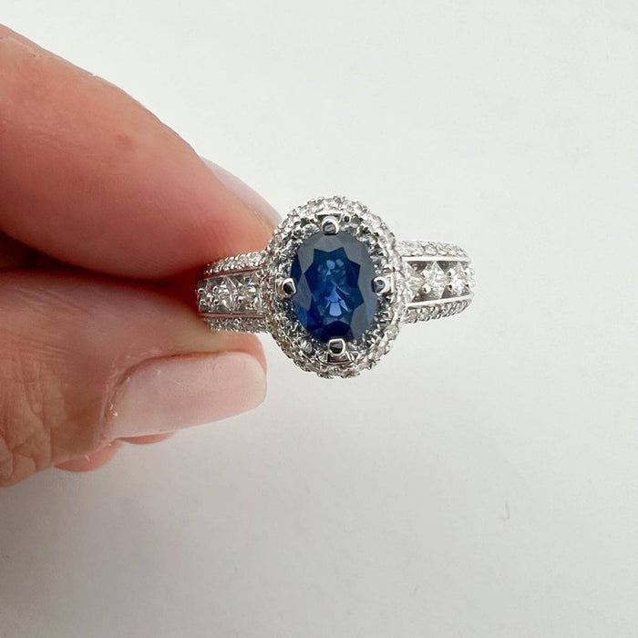 Blue Sapphire Halo Diamond Ring in 14K White Gold