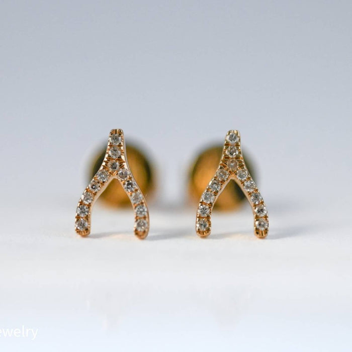 Diamond Wishbone Stud Earrings 14K Yellow Gold