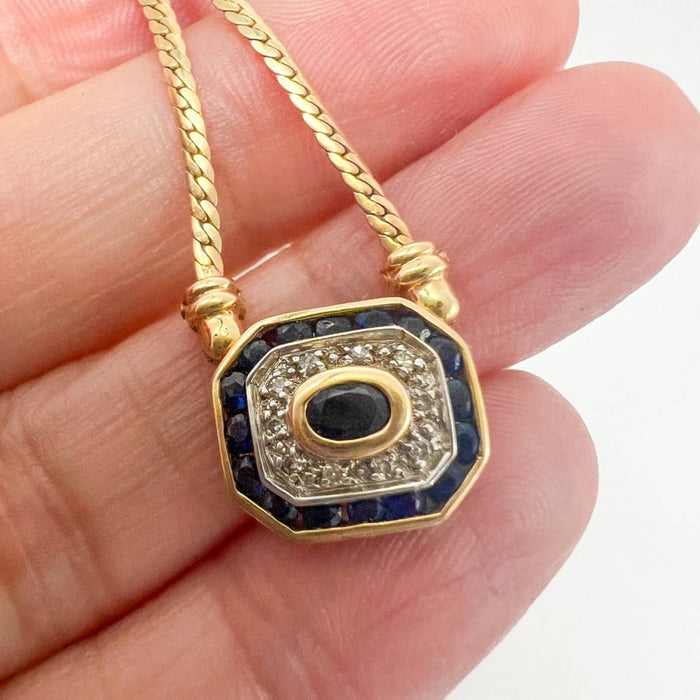 Vintage Pendant East and West Sapphire and Diamond Necklace 14K Yellow Gold