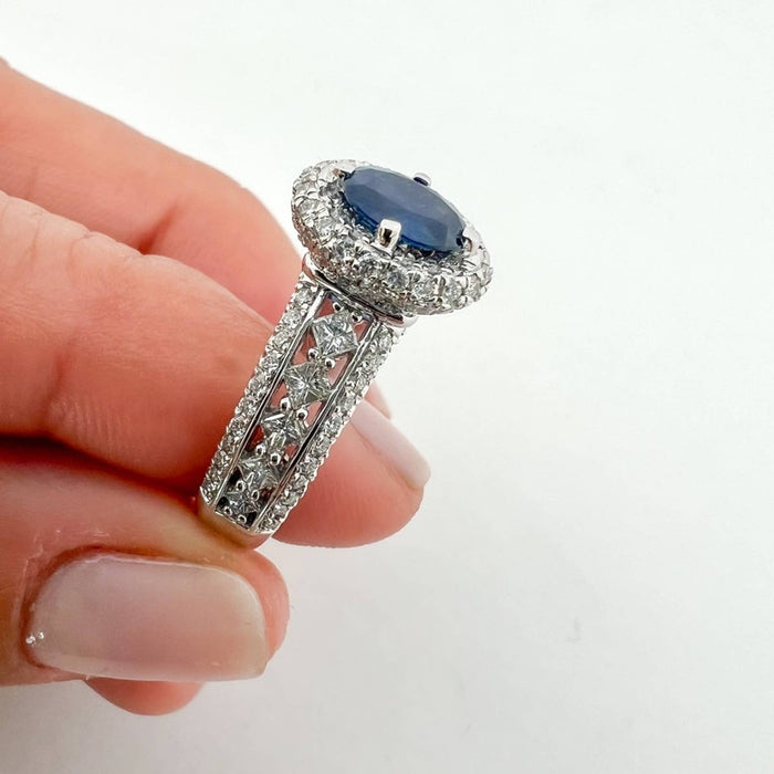 Blue Sapphire Halo Diamond Ring in 14K White Gold