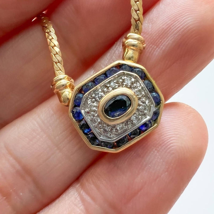 Vintage Pendant East and West Sapphire and Diamond Necklace 14K Yellow Gold