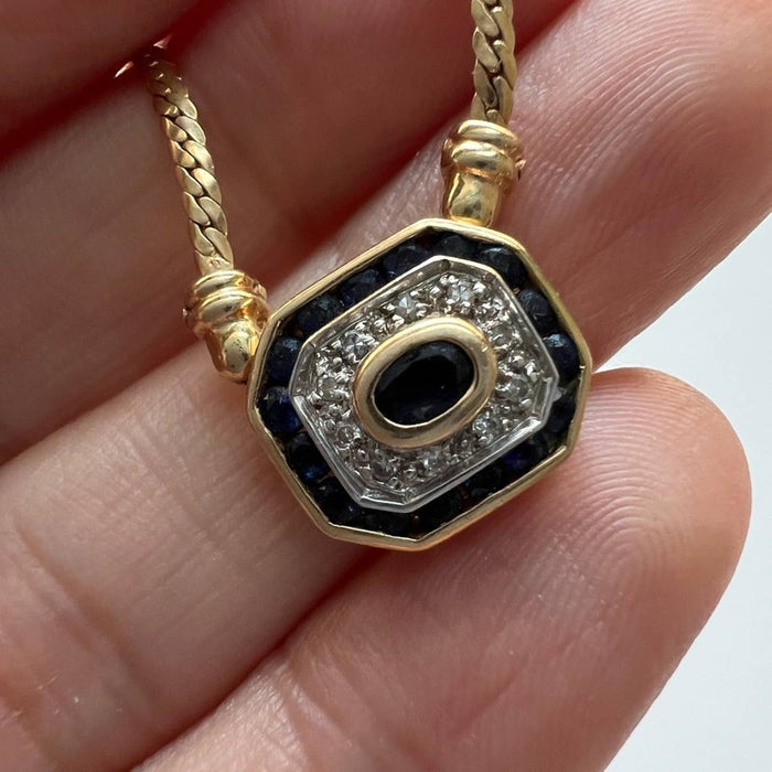 Vintage Pendant East and West Sapphire and Diamond Necklace 14K Yellow Gold