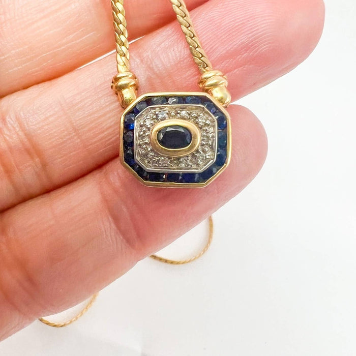 Vintage Pendant East and West Sapphire and Diamond Necklace 14K Yellow Gold