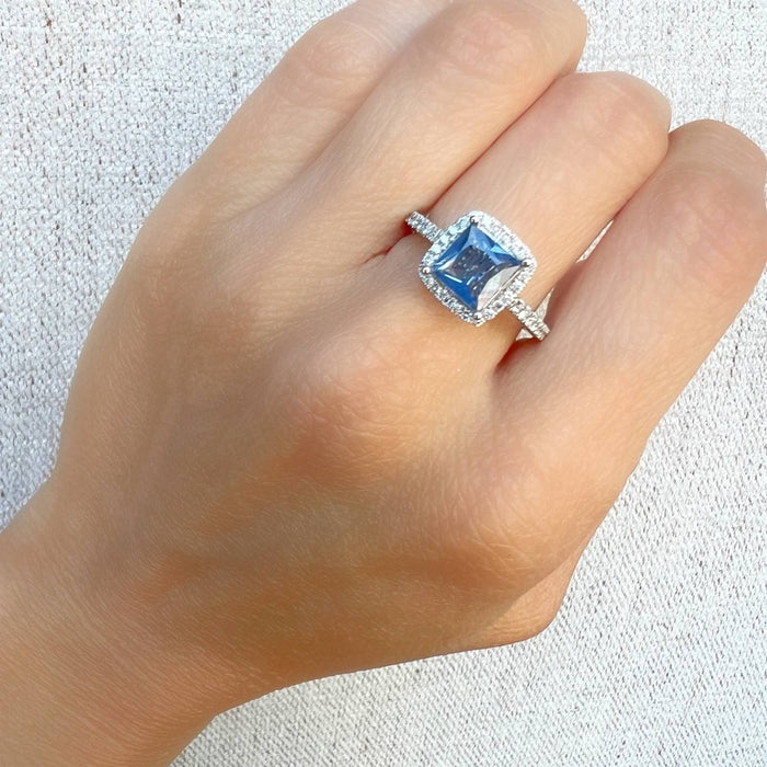 Asscher Cut Sapphire Halo Engagement Ring 14K White Gold