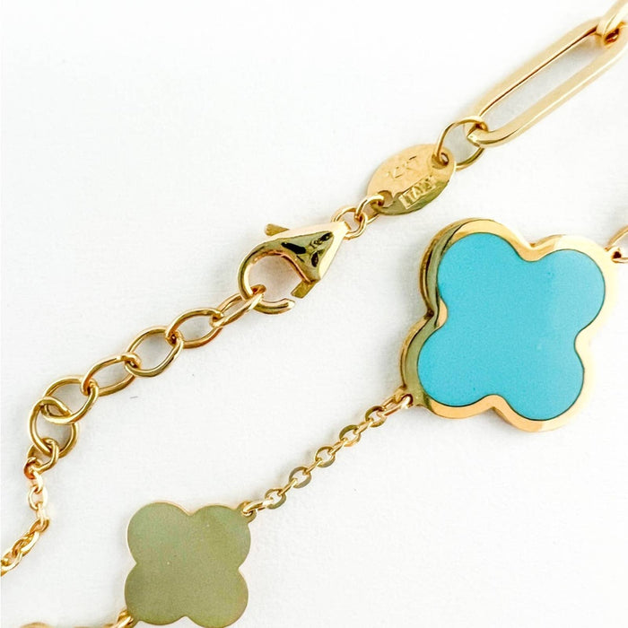 14K Yellow Gold Half Paperclip Haft Turquoise Clover Charm Bracelet