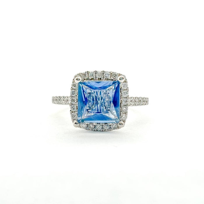 Asscher Cut Sapphire Halo Engagement Ring 14K White Gold